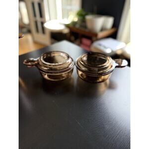 Set Of 2 Vintage Corning Visions V-150-B Amber Glass Mini Casseroles w Lids